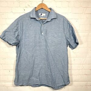 Boden Linen Polo Shirt Mens Large Blue Button Collared Regular Fit Summer